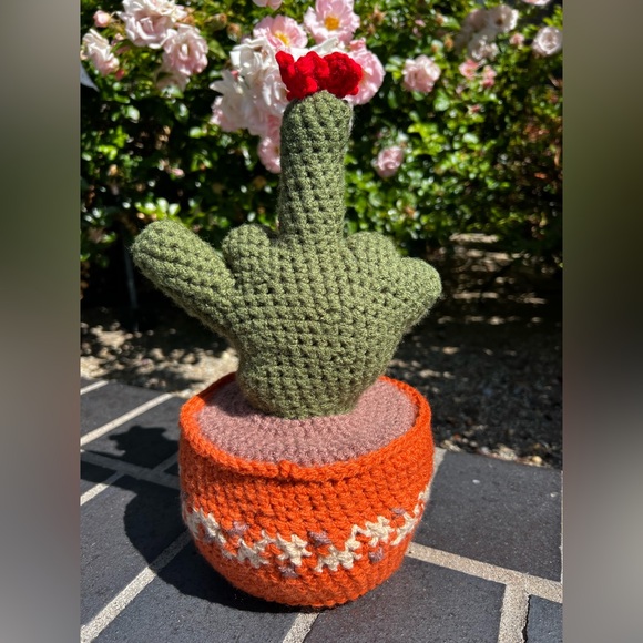 Hand Crocheted Middle Finger Potted Cactus With Flower Decor - Picture 1 of 12